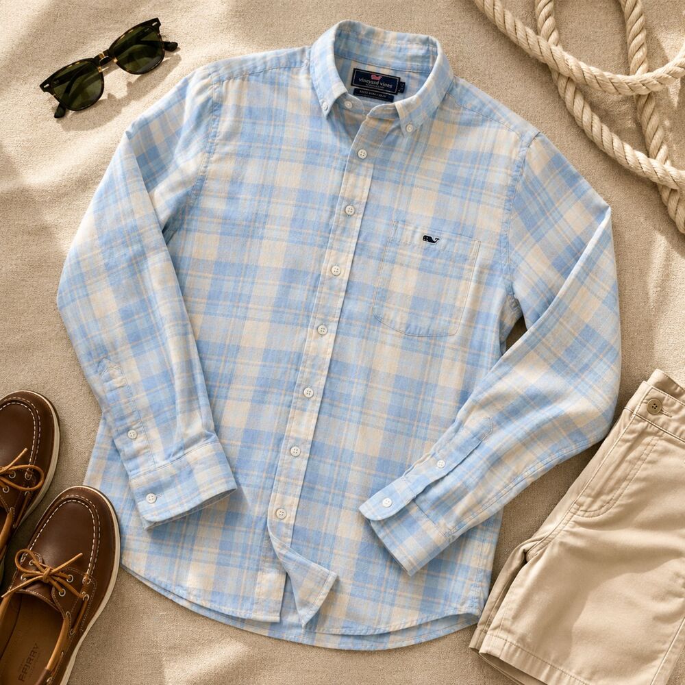 Vineyard Vines Men’s Medium Blue Plaid Button Down Shirt Cotton Linen Coastal